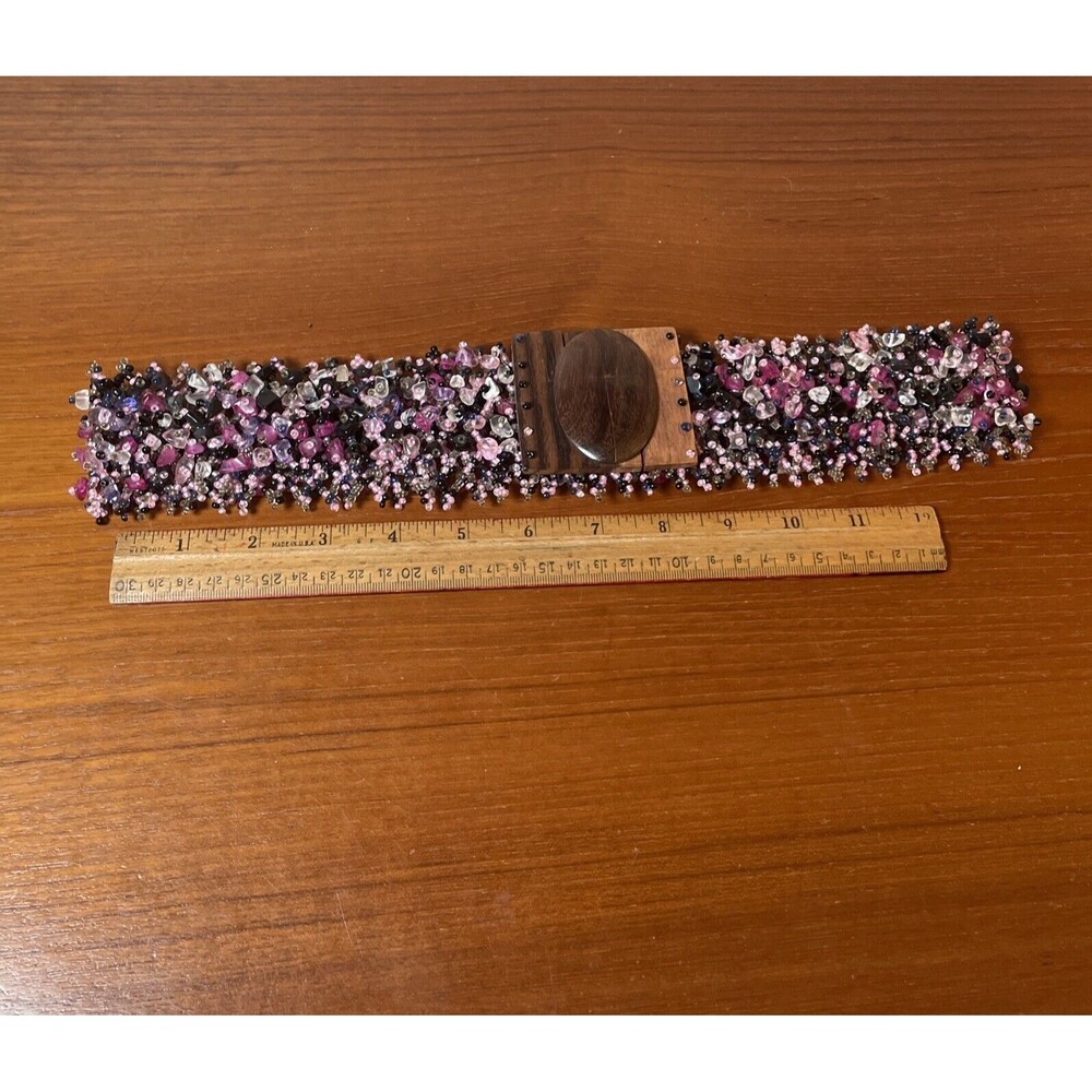 Handmade  Indonesian Beaded Elastic  Stretch Belt Wood  Buckle  2.5" Wide S-M